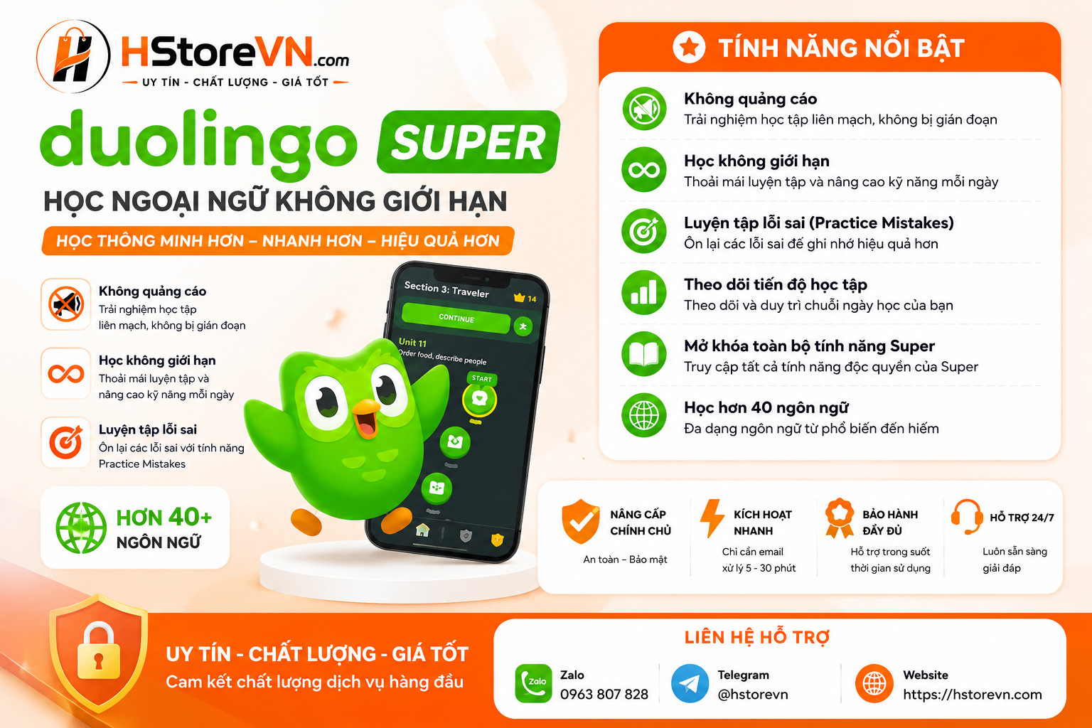 Duolingo Super - Duolingo Slot Super 1 Năm - Nâng Cấp Chính chủ