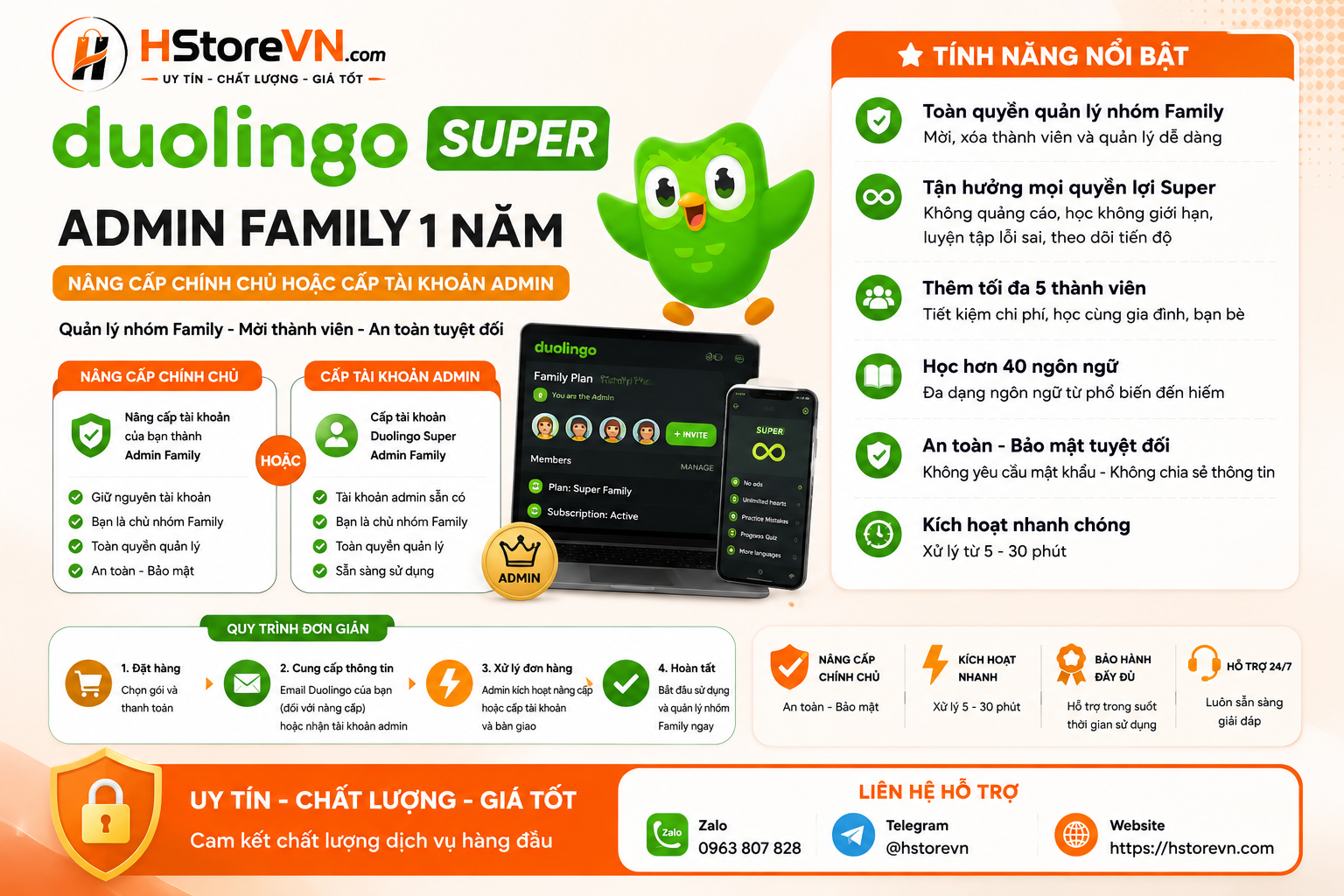 Duolingo Super - Duolingo Super Admin Family 1 Năm